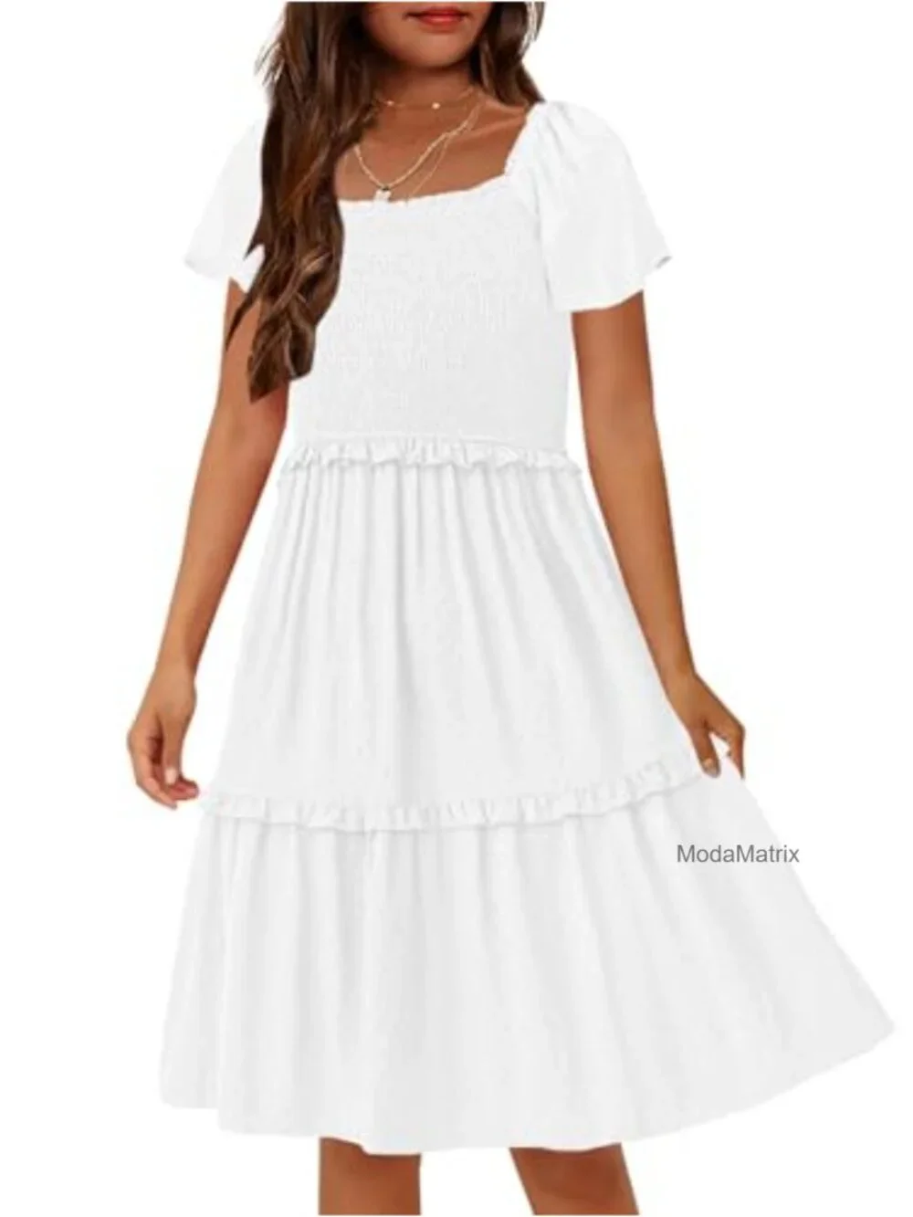 Girls Boho Swiss Dot Smocked Square Neck Ruffle Tiered Midi Dress with Pockets